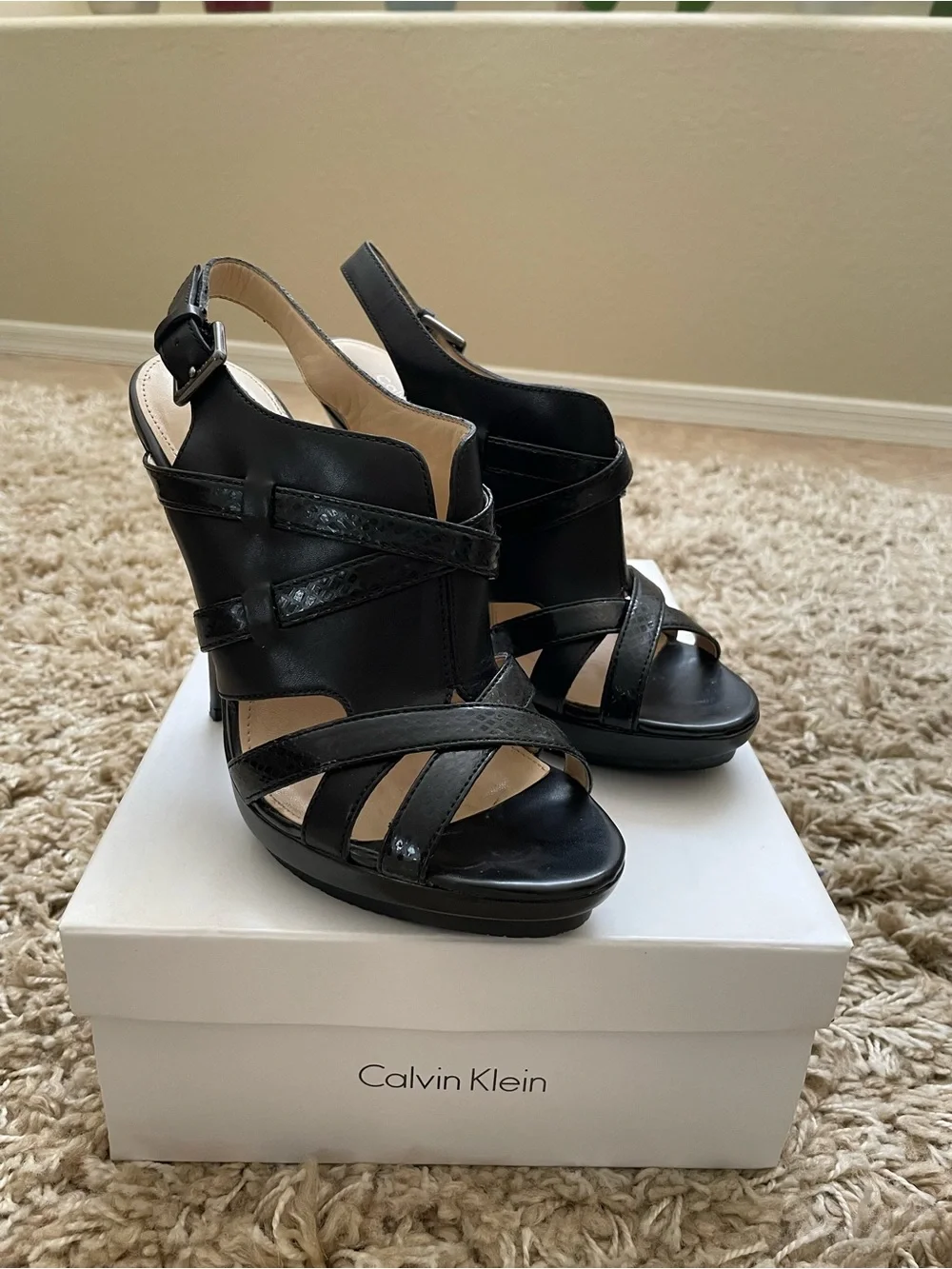 Calvin Klein Black Leather Slingback Strappy Heels